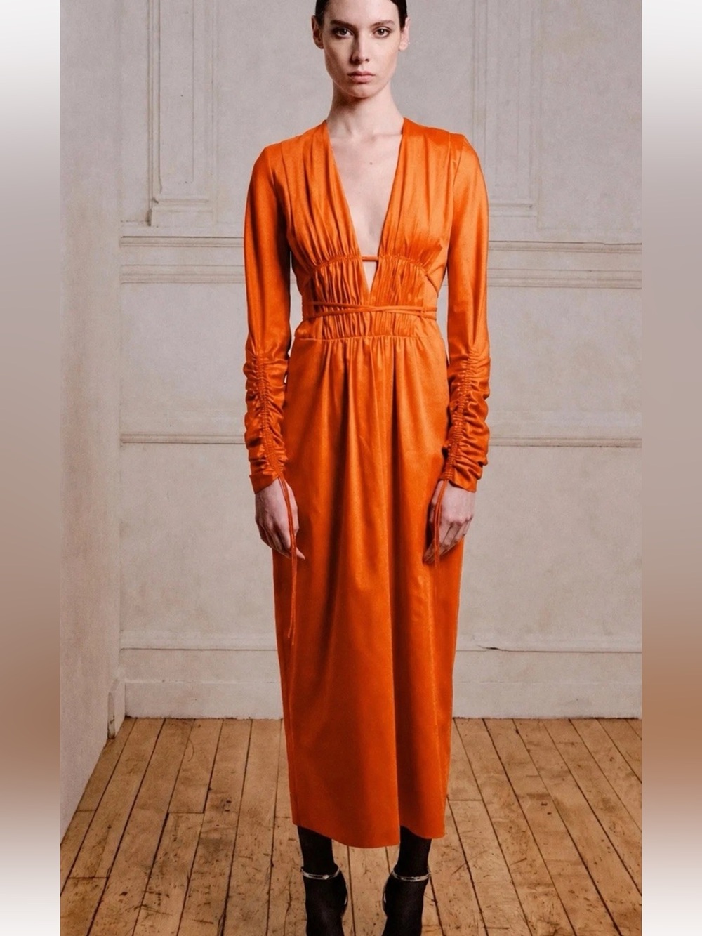 NWT Alejandra Alonso Rojas Orange Midi Satin Silk Dress Nwt Sz 8    E